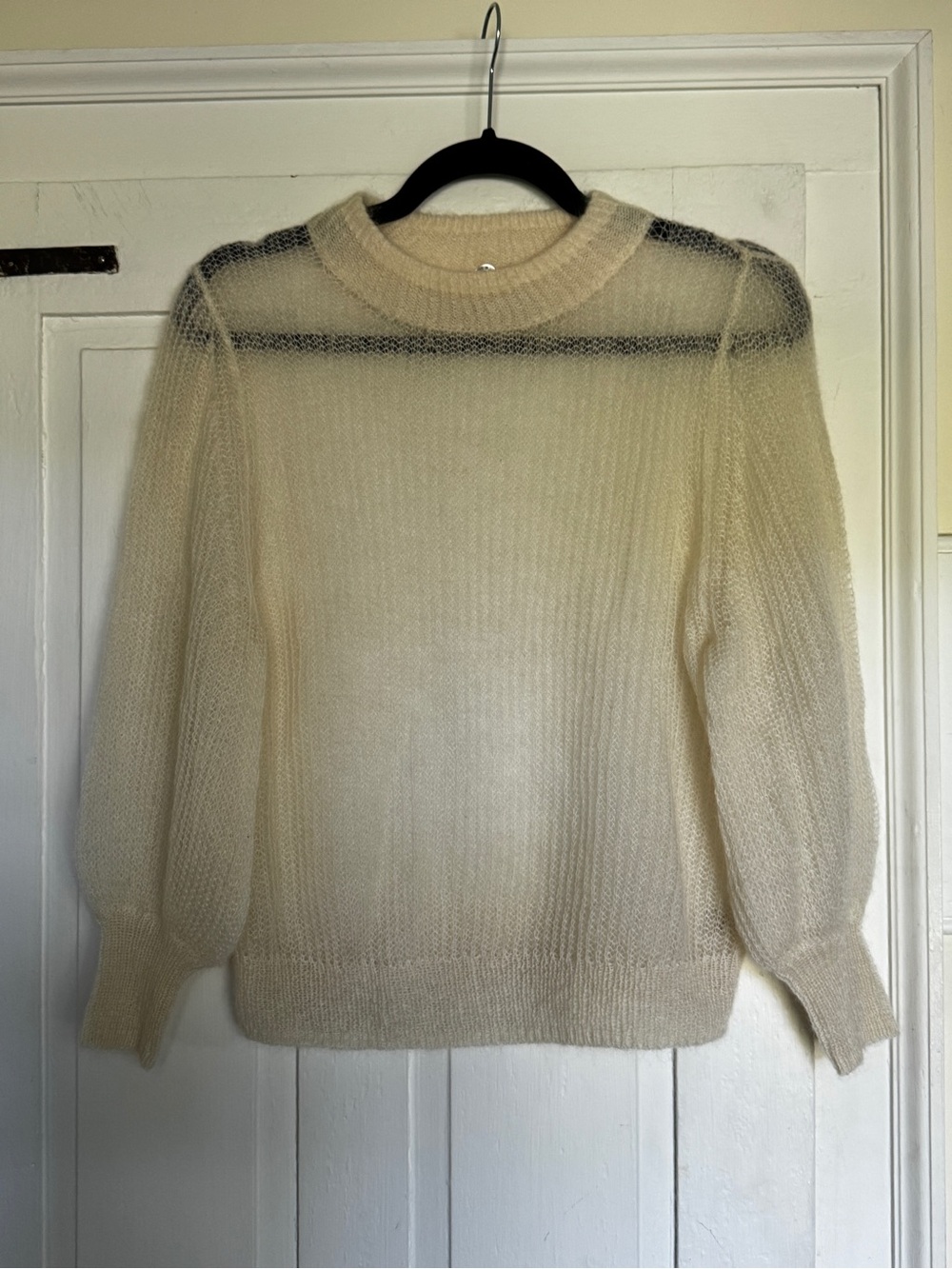Margaret O’Leary Ivory Mohair Balloon Sleeve Crewneck Sweater Sheer
